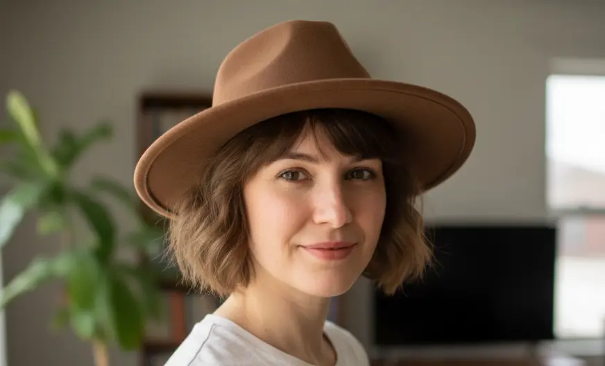 How to Wear a Hat with Short Hair and Look Amazing 11 A young woman wearing a brown fedora hat with short hair, indoor setting