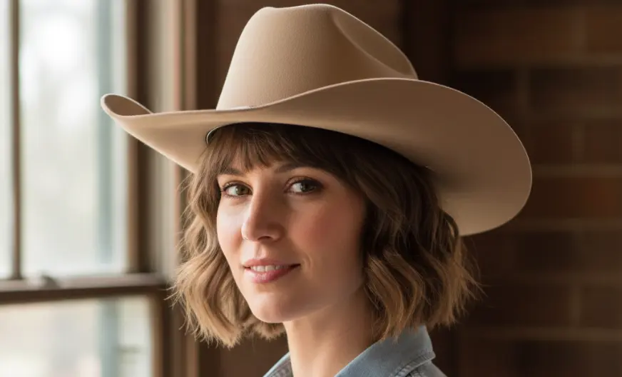 How to Wear a Hat with Short Hair and Look Amazing 12 A young woman wearing a cowboy hat with short hair indoors.