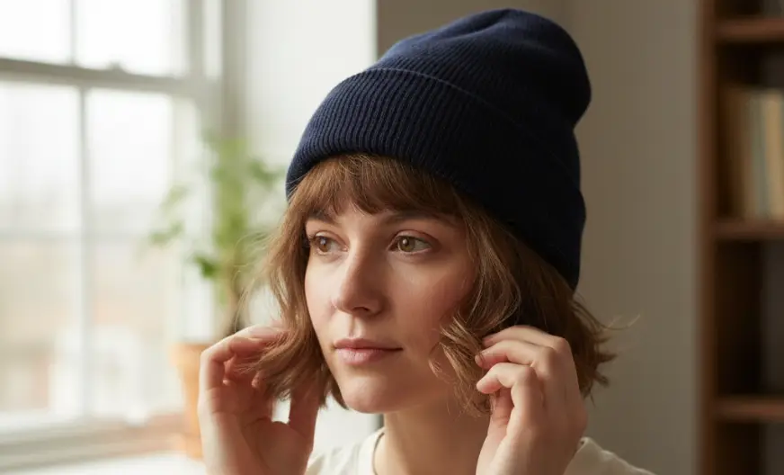How to Wear a Hat with Short Hair and Look Amazing 9 A young woman wearing a dark navy blue beanie hat with short hair indoor