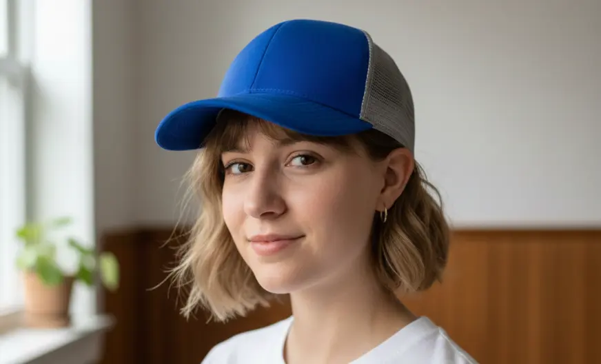 How to Wear a Hat with Short Hair and Look Amazing 7 A young woman wearing a blue and white trucker hat with short hair or pixie cut