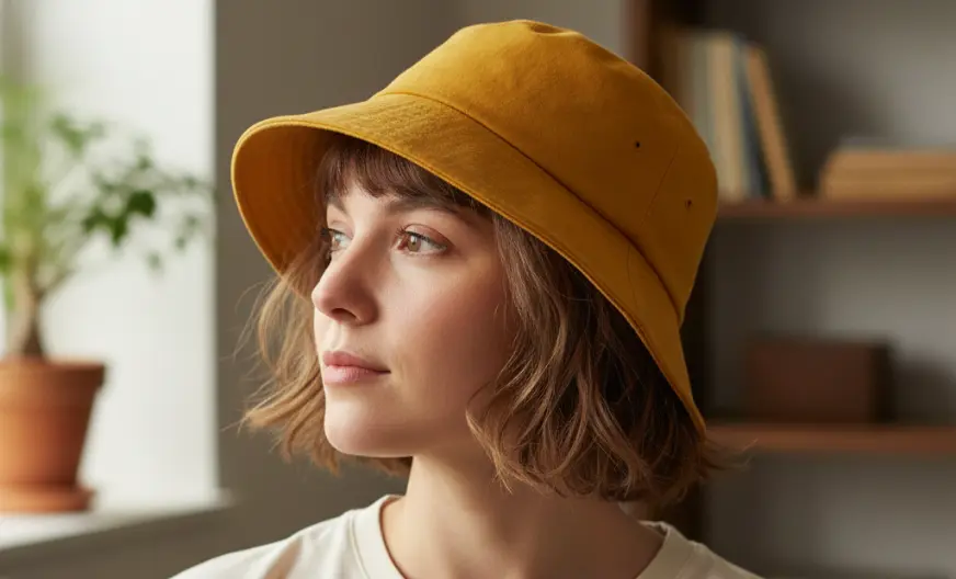How to Wear a Hat with Short Hair and Look Amazing 8 A young woman wearing a yellow mustard bucket hat with short hair