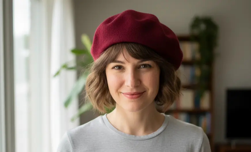 How to Wear a Hat with Short Hair and Look Amazing 10 A young smiling woman wearing a maroon beret hat with short hair or pixie cut