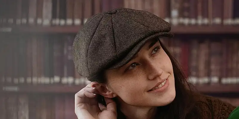 26 Different Types of Hats Explained (With Names, Styles & Pictures) 14 Woman smiling while wearing a brown tweed newsboy cap in front of a bookshelf