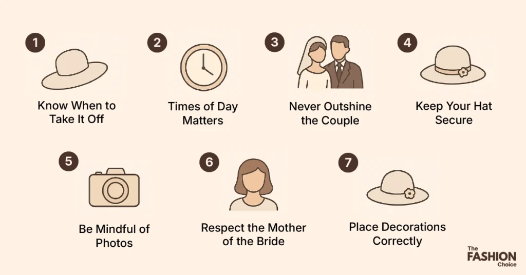 Infographic illustration showing seven hat etiquette rules for weddings, including when to remove a hat, time of day, not outshining the couple, respecting the mother of the bride, being mindful of photos, keeping the hat secure, and placing decorations correctly.