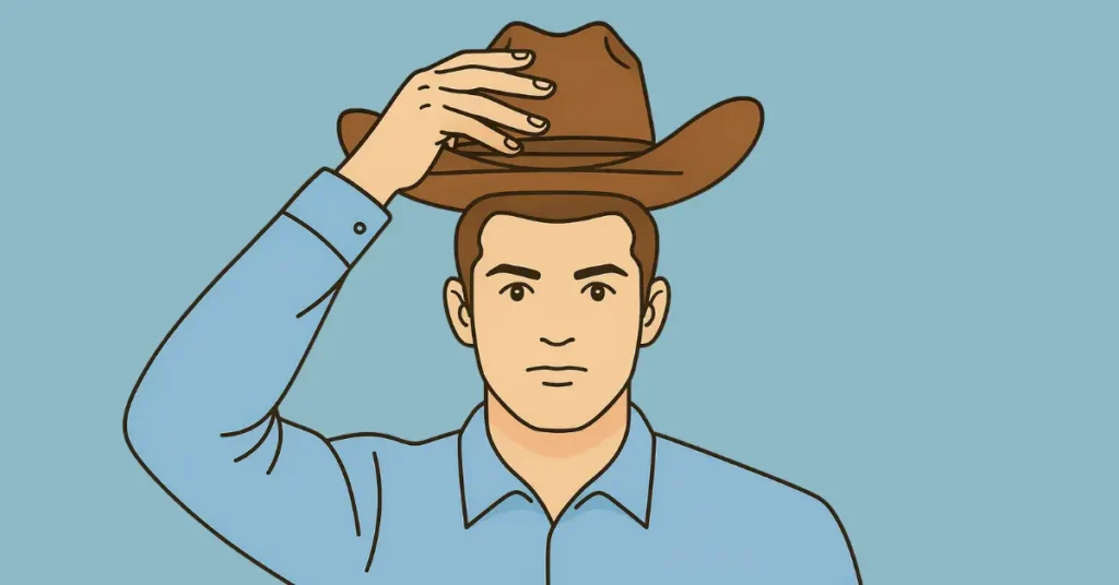 vector illustration of a man politely tipping his brown cowboy hat by the crown, holding it clearly above his head as a form of greeting or respect. The lifted hat shows a visible gap above his head.