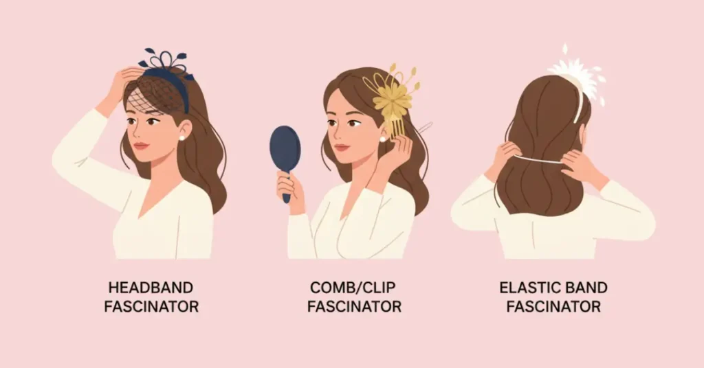 Vector illustration showing how to attach and secure different types of fascinators including headband, comb/clip, and elastic band on a professional woman with elegant hairstyle