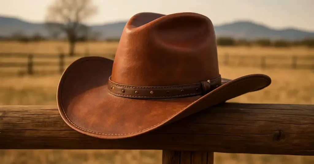 Brown leather cowboy hat resting on a wooden fence post with a golden ranch field and mountains in the background
