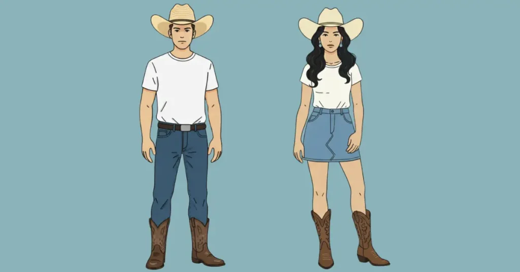 Vector illustration of a man and woman in casual everyday outfits with straw cowboy hats, white t-shirt, denim shorts and boots.