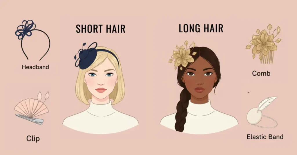 Illustration showing four types of fascinators—headband, comb, clip, and elastic band—on short and long-haired women, labeled clearly and styled elegantly.