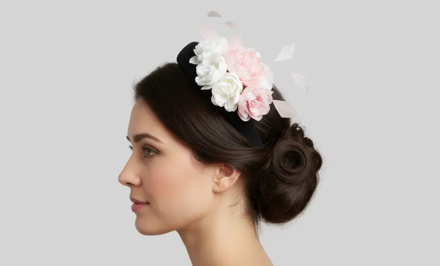 adult woman with hair in a bun wearing a clip fascinator at an angle to the side, light background