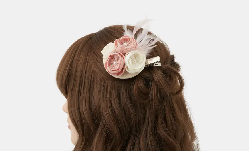 woman with long hair wearing a clip fascinator inserted at an angle for stability, decorative top visible