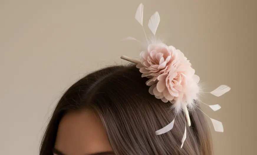 A woman wearing a blush pink floral fascinator clip with delicate feathers, ideal for weddings and garden parties.