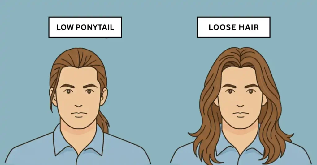 Vector illustration of two young men with cowboy hat hairstyles. One has long hair tied in a low ponytail, and the other has naturally loose long hair, shown chest-up on a plain background with labeled text.