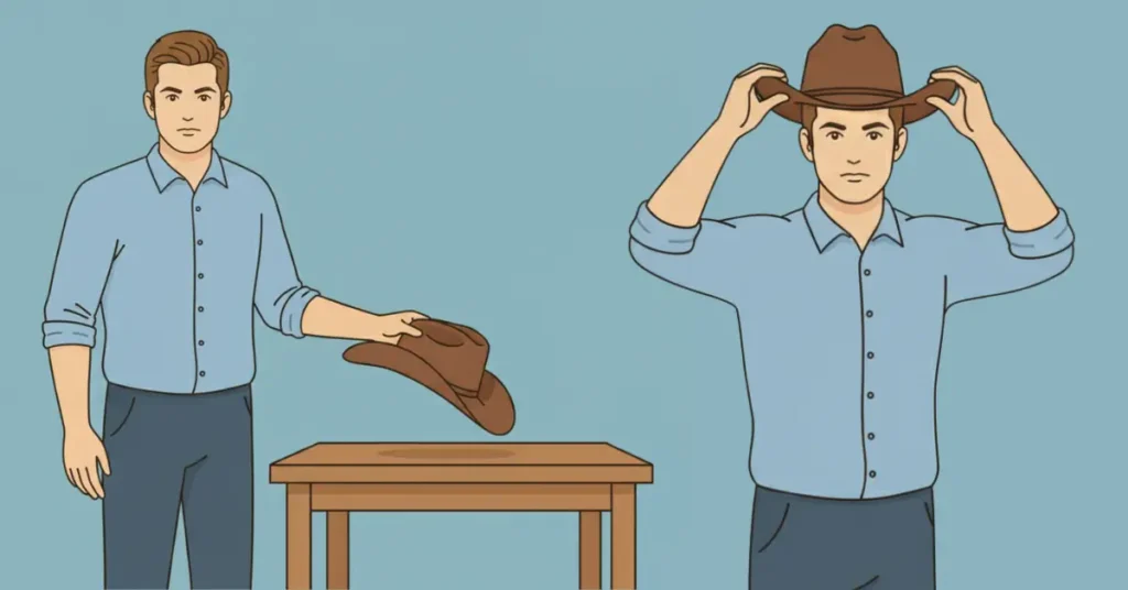 Vector illustration of a man lifting a cowboy hat by the crown from a table and gently placing it on his head about an inch above the eyebrows, showing the correct way to handle and wear a cowboy hat.