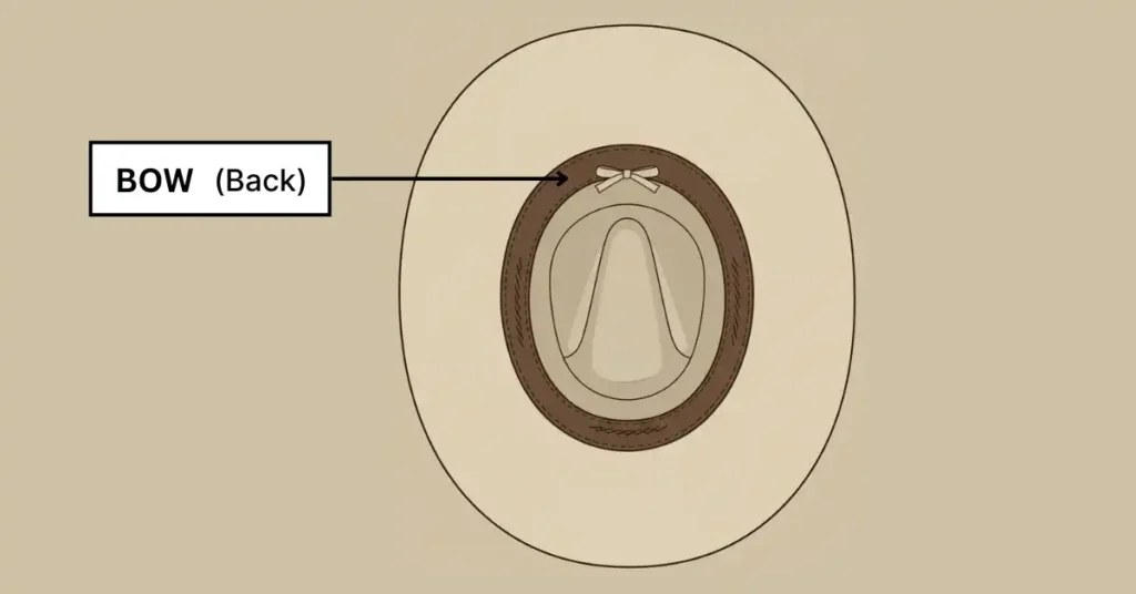 Inside view of a cowboy hat showing the sweatband with a small ribbon bow at the back, clearly labeled with an arrow for easy identification.