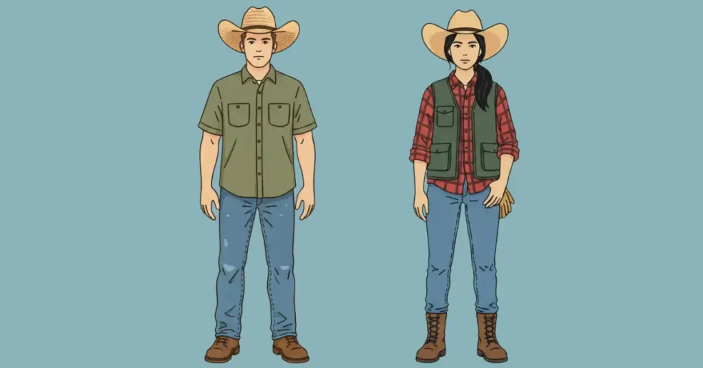 Vector illustration of a man and woman in ranch work outfits wearing straw cowboy hats. The man is dressed in an olive green short-sleeve shirt, blue jeans, and brown work boots, while the woman wears a red plaid shirt with a green utility vest, blue jeans, lace-up brown boots, and work gloves tucked in her belt.
