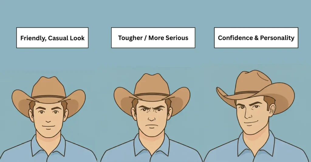 Illustration of a young male wearing a cowboy hat in three tilt styles: brim slightly up for a friendly look, brim pulled down for a tough look, and brim tilted to the side for a confident style.