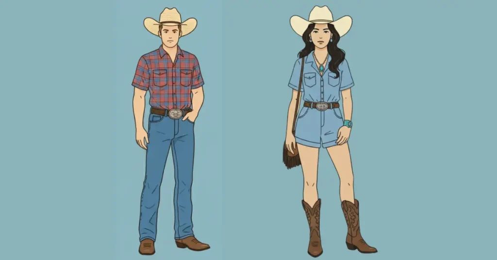 Vector illustration of a man and woman at a daytime country concert wearing straw cowboy hats, denim outfits, western belts and cowboy boots.