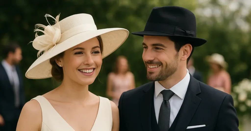 Smiling couple wearing stylish hats at a formal outdoor event, woman in wide-brim hat and man in black fedora