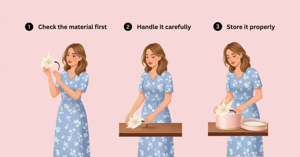 A woman demonstrates three steps of fascinator care: first, she carefully checks the material, then she gently handles it, and finally, she stores it properly in a round hat box. She wears the same casual home dress throughout, ensuring continuity. The background is a soft pink, and the illustration is in a realistic vector style.