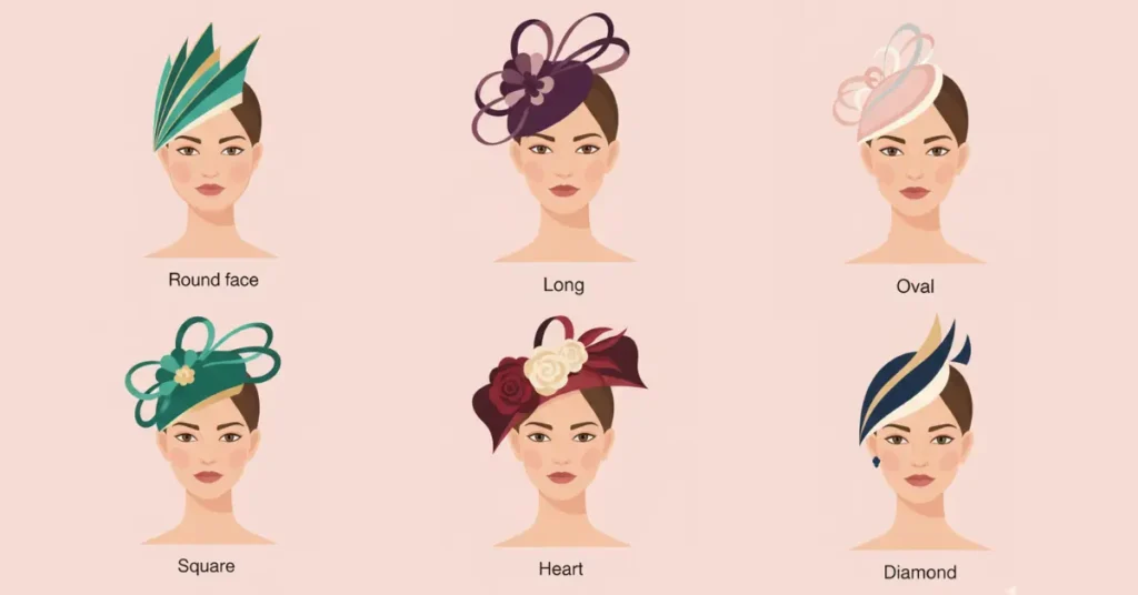 Guide to choosing a fascinator hat for your face shape, featuring elegant, semi-realistic women with oval, round, square, heart, long, and diamond face shapes.