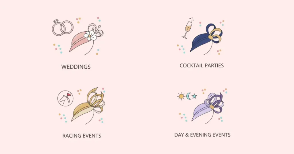Vector illustration showing different fascinator hat styles for weddings, cocktail parties, racing events, and day or evening events on a soft background.