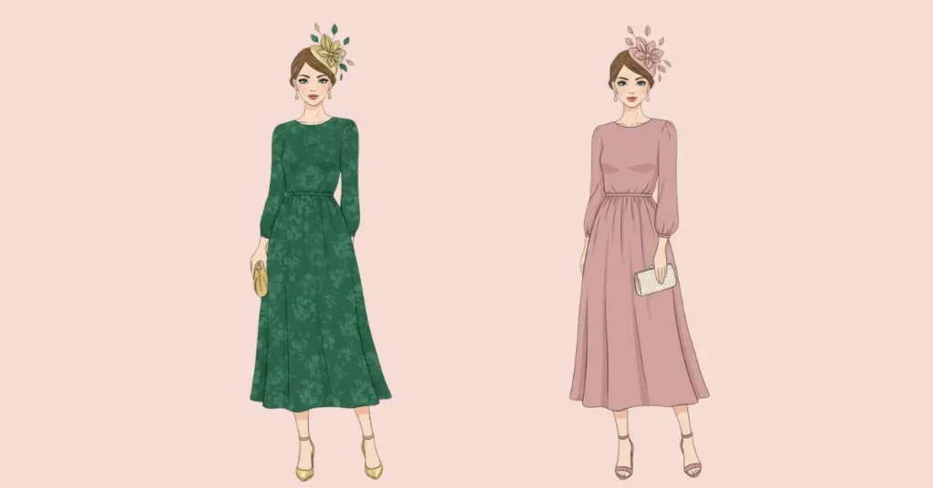 Vector illustration of two elegant women wearing simple, medium-sized fascinators that complement their outfits, showing stylish and coordinated fashion choices for formal events