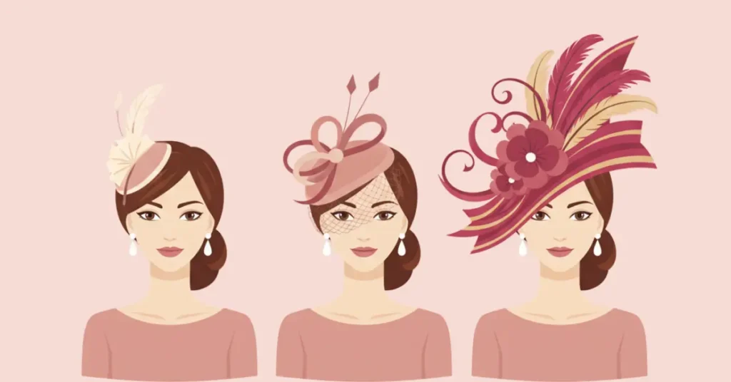 Vector illustration showing one woman wearing three different fascinator sizes — small, medium, and large — on a pastel background to explain how size affects style and comfort.