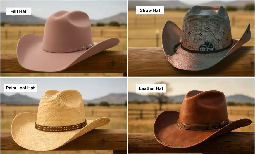 Felt, straw, palm leaf, and leather cowboy hat styles in one image