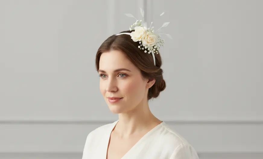 Adult woman wearing a small or medium light-colored floral fascinator for a garden or summer event