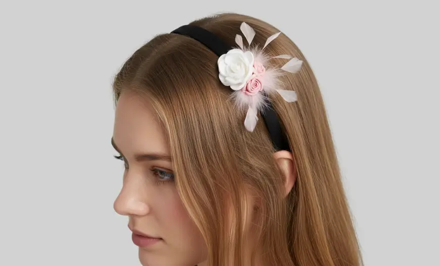 woman with fine hair wearing a firm headband fascinator slightly tilted for stability, light background