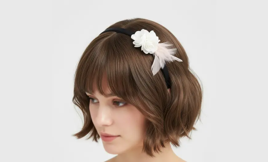 woman with short hair wearing a headband fascinator slightly tilted on a light background
