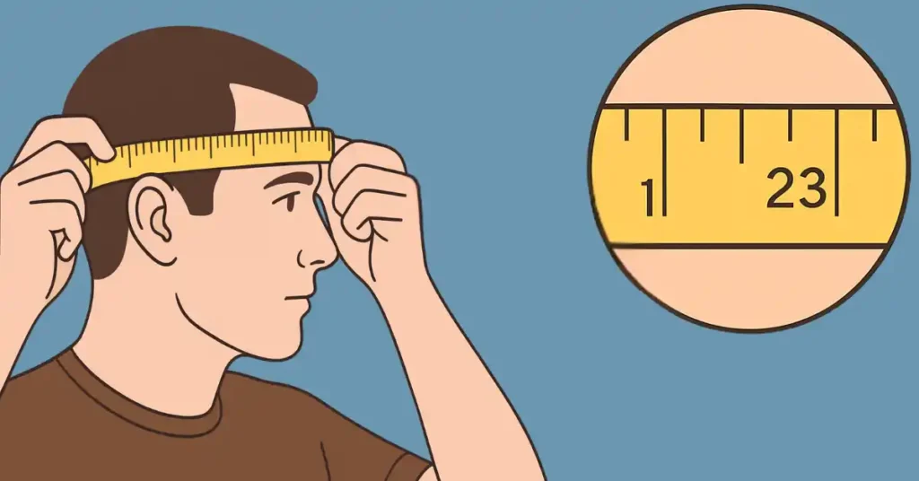 Illustration of a man measuring his head circumference with a soft tape above eyebrows and ears, showing how to find hat size for a cowboy hat.