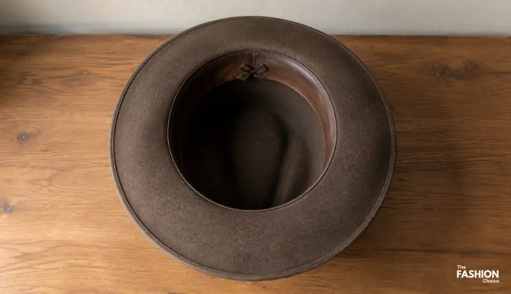 How to Wear a Cowboy Hat Correctly 4 Cowboy hat resting crown-down and brim-up on a wooden table, the correct way to set it down