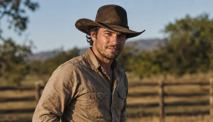 Man correctly wearing a brown felt cowboy hat, positioned about an inch above the eyebrows, in an open field