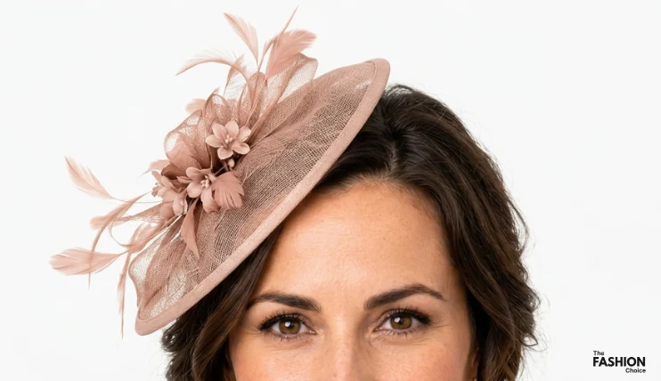 Close up of a woman wearing a dusty pink saucer fascinator with feathers and flowers placed correctly about an inch above her right eyebrow