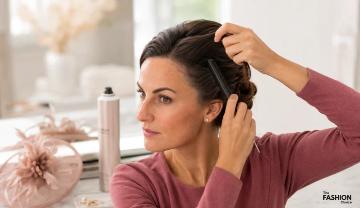 Woman backcombing a small section of hair with a comb to create grip before attaching a fascinator