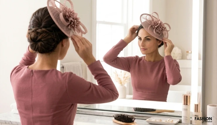 Woman placing a dusty pink saucer fascinator on the right side of her head at an angle above her eyebrow, adjusting it in front of a Hollywood mirror