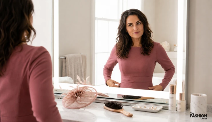 Woman in a mauve dress standing in front of a Hollywood mirror with a fascinator on the vanity counter, preparing to get dressed before attaching the fascinator