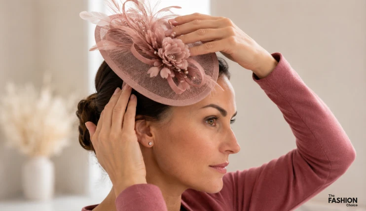 Woman pressing a dusty pink saucer fascinator firmly onto the right side of her head with both hands, securing the attachment into her updo