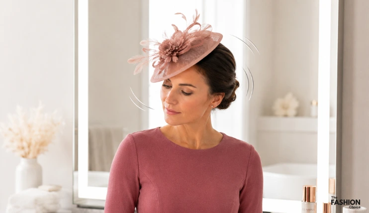 Woman shaking her head slightly to test if her dusty pink fascinator stays in place before leaving, with motion lines showing movement