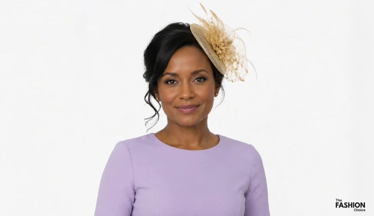 Woman with black hair in an elegant updo wearing a gold champagne fascinator with feathers and netting, dressed in a lavender outfit as a wedding guest