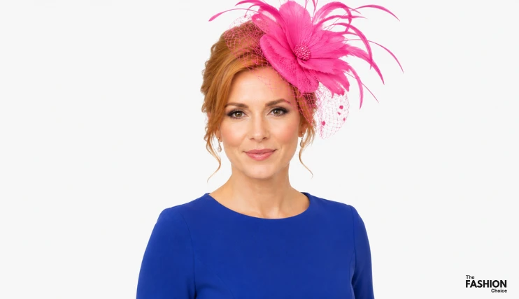 Woman with red hair wearing a large dramatic hot pink fascinator with big feathers and netting, styled with a royal blue dress for a race day or Kentucky Derby event