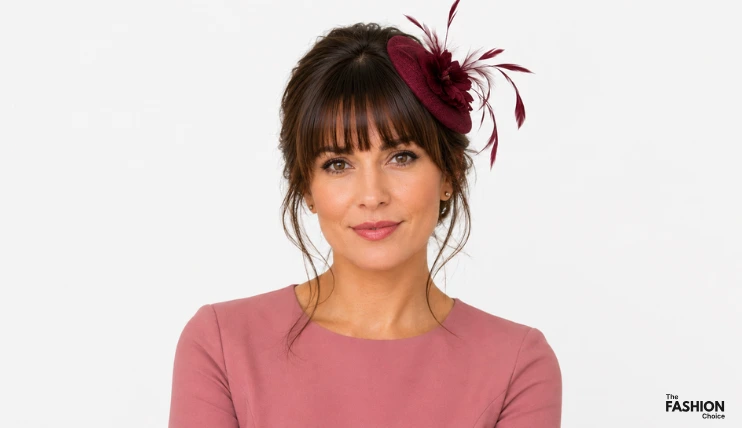 Woman with straight across bangs wearing a burgundy fascinator with feathers and flowers placed behind her fringe on the right side of her head