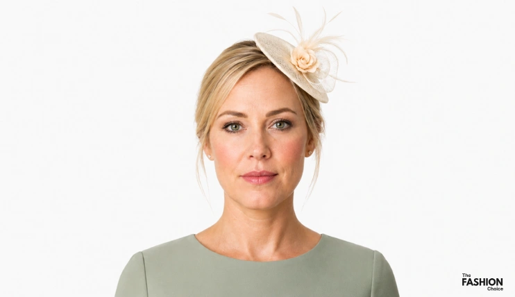 Woman with fine blonde hair wearing an ivory saucer fascinator with feathers and a flower secured on the right side of her head above her eyebrow