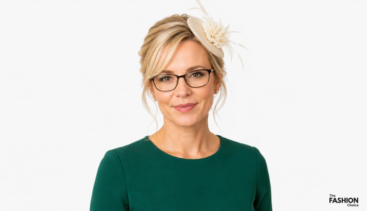 Woman wearing black framed glasses with an ivory fascinator with feathers and a flower placed on the right side of her head above her eyebrow, glasses sitting comfortably and straight