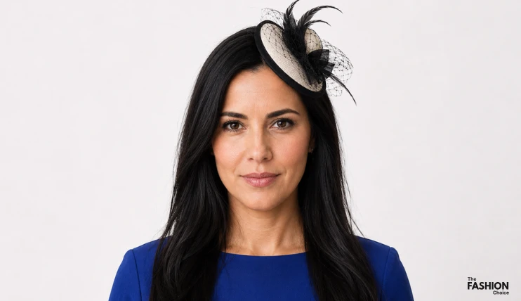 Woman with long straight black hair wearing an ivory and black fascinator with netting and feathers placed on the right side of her head above her eyebrow