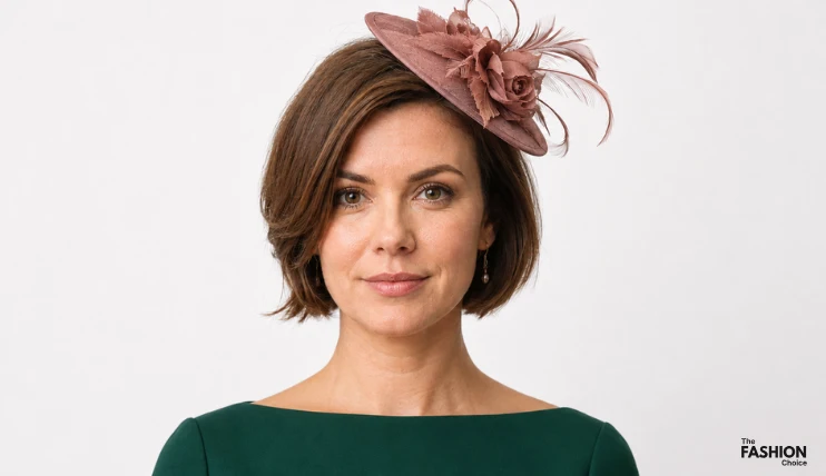Woman with short bob haircut wearing a dusty pink saucer fascinator with flowers and feathers placed on the right side of her head above her eyebrow