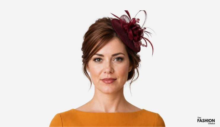 Woman with chestnut hair styled in an elegant updo wearing a burgundy fascinator with feathers and flowers secured on the right side of her head above her eyebrow