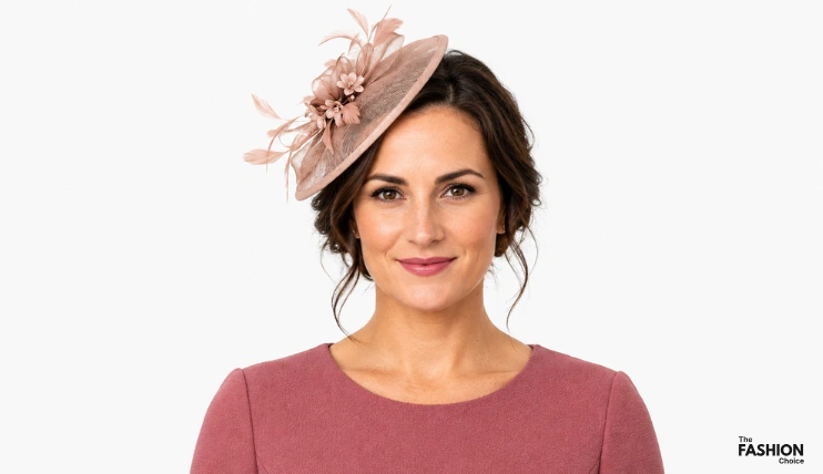 Home 7 Woman wearing a dusty rose fascinator on the right side of her head showing proper fascinator placement